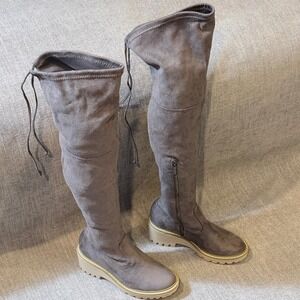 Nicole Miller New York Womens Grey Faux Suede Over The Knee Lug Sole Wedge Boots